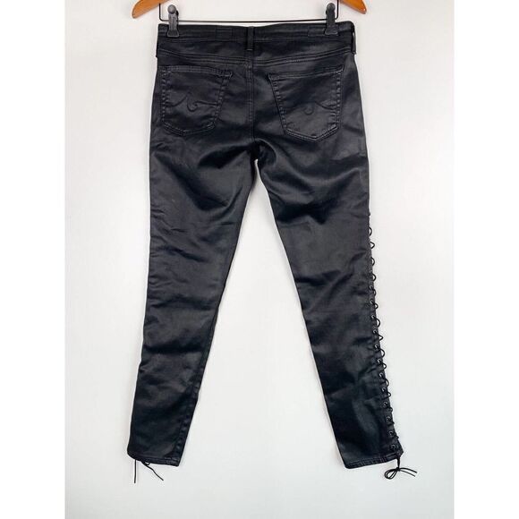 AG Adriano Goldschmied Size 27R Black Faux Leather The Legging Ankle Pants Lace - Picture 3 of 5